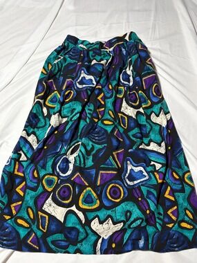 Vintage Worthington Essentials 80s Geometric Abstract Maxi Skirt Sz 8 Blue Green